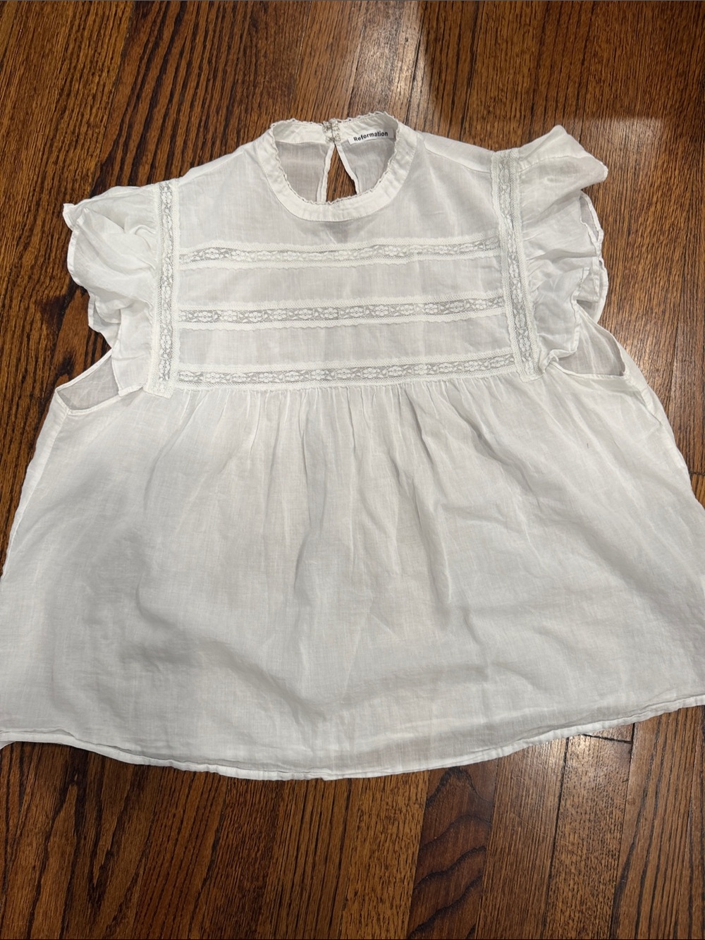 Reformation White Lace-Trim Flutter Sleeve Top
